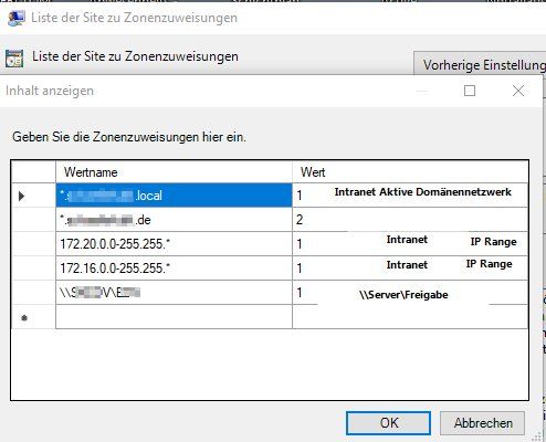 liste der site zu zonenzuweisungen