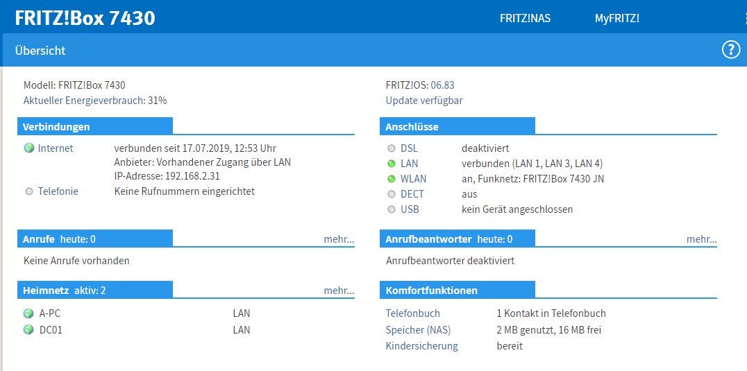 Übersicht fritzbox