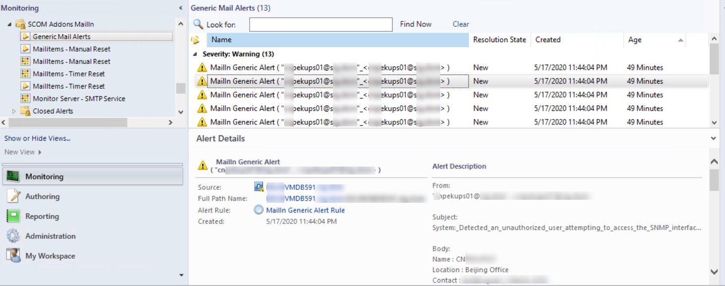 scom console showing alerts created by the rule