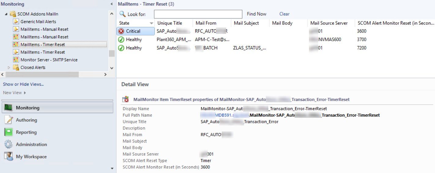 scom console displaying mailitems - timer reset alert view