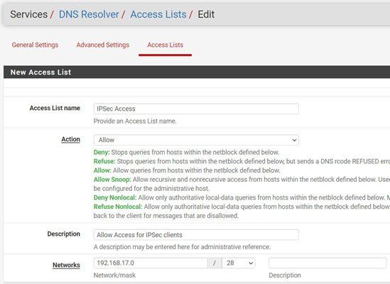 pfsense - dns-resolver - access lists entry