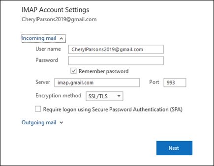 outlook gmail imap settings