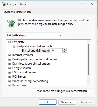 ws25 - energieoptionen - old gui - change to hp