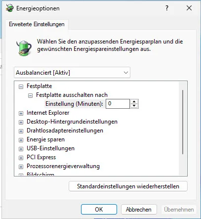 ws25 - energieoptionen - old gui - after change to hp