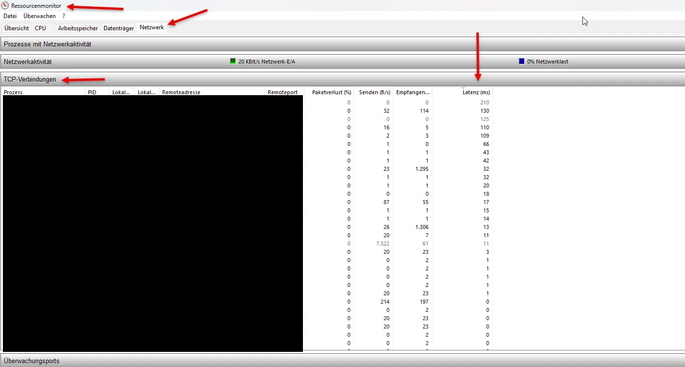 ressourcenmonitor - netzwerk - latenz n